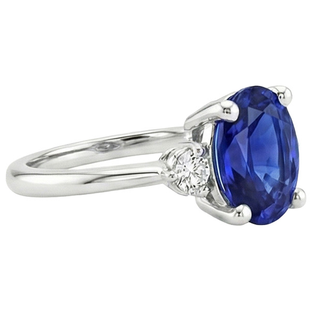 Three Stone Natural Earth Mined Diamond ( Not Lab Grown ) & Oval Ceylon Sapphire Ring 3.50 Carats White Gold