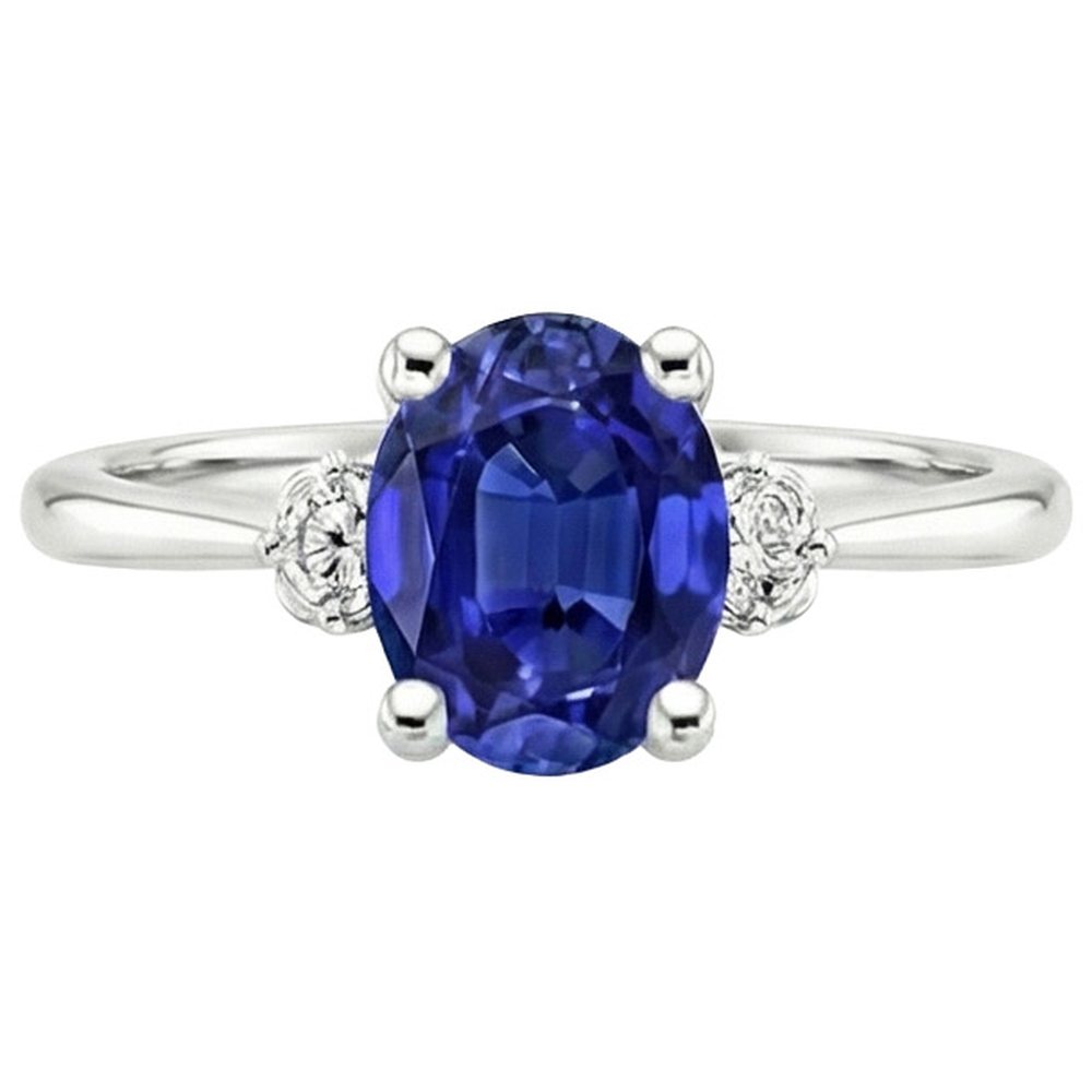 Three Stone Natural Earth Mined Diamond ( Not Lab Grown ) & Oval Ceylon Sapphire Ring 3.50 Carats White Gold