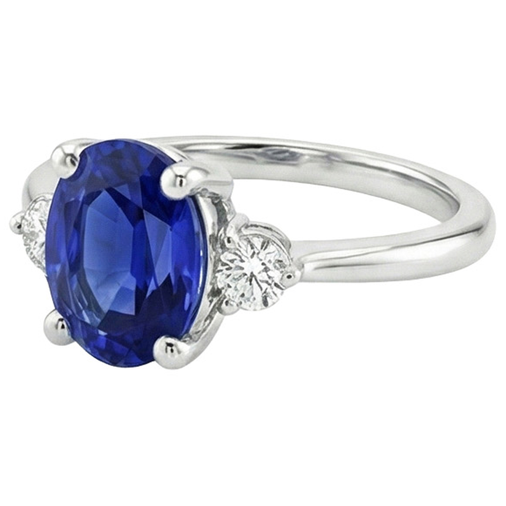 Three Stone Natural Earth Mined Diamond ( Not Lab Grown ) & Oval Ceylon Sapphire Ring 3.50 Carats White Gold