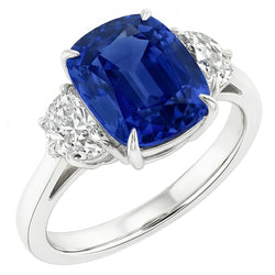 Three Stone Oval Blue Sapphire Ring 4.50 Carats Half Moon Natural Earth Mined Diamond ( Not Lab Grown )s