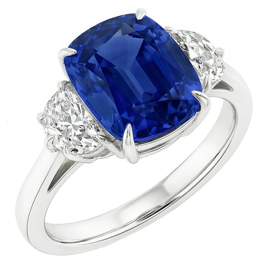 Three Stone Oval Blue Sapphire Ring 4.50 Carats Half Moon Natural Earth Mined Diamond ( Not Lab Grown )s