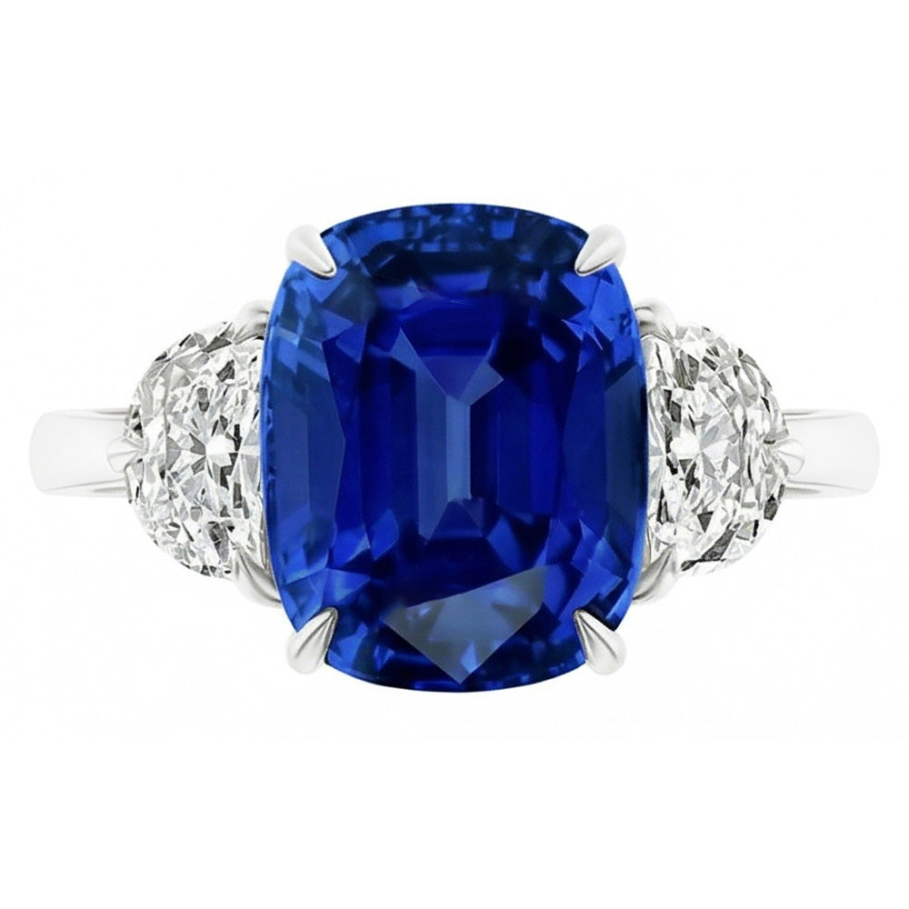 Three Stone Oval Blue Sapphire Ring 4.50 Carats Half Moon Natural Earth Mined Diamond ( Not Lab Grown )s