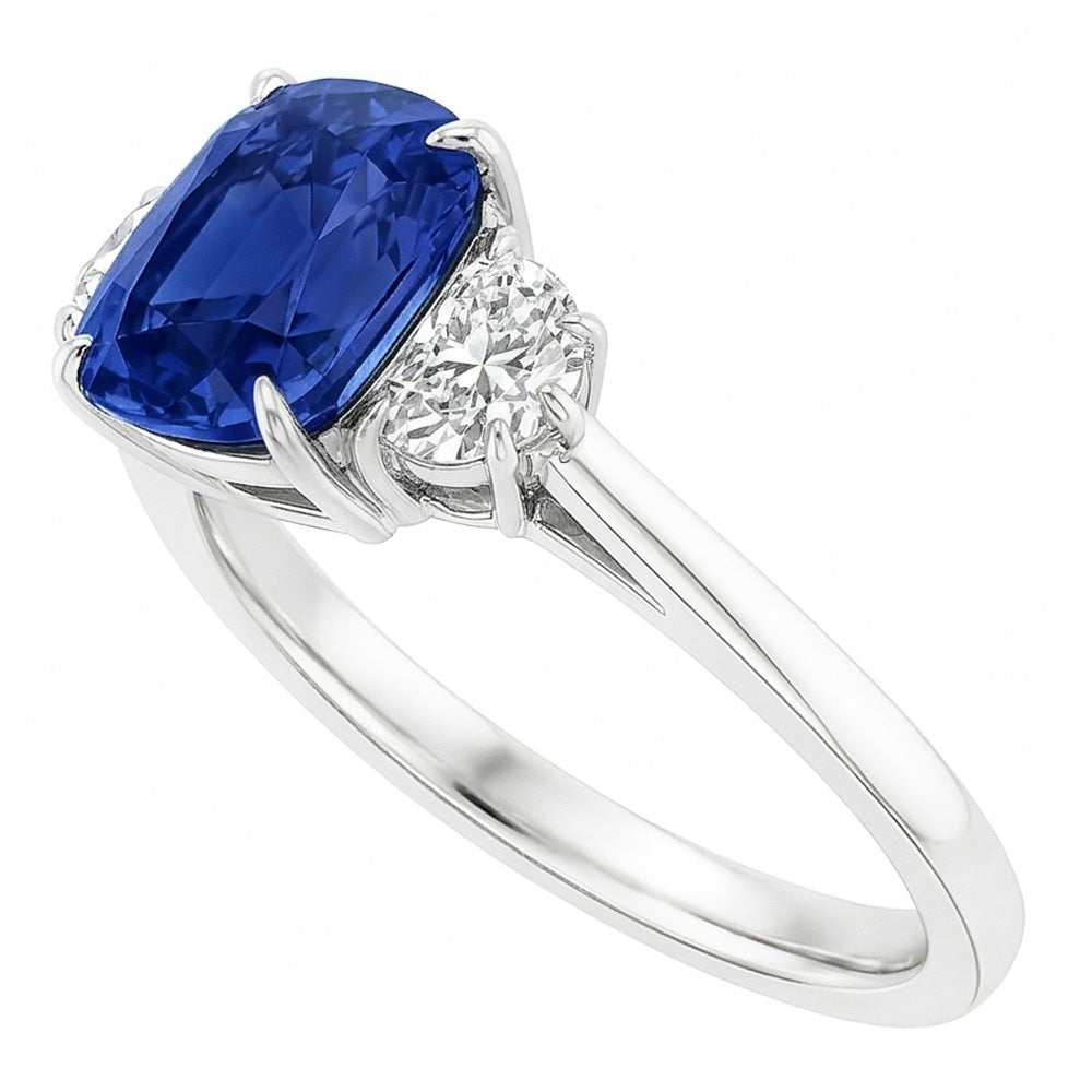 Three Stone Oval Blue Sapphire Ring 4.50 Carats Half Moon Natural Earth Mined Diamond ( Not Lab Grown )s
