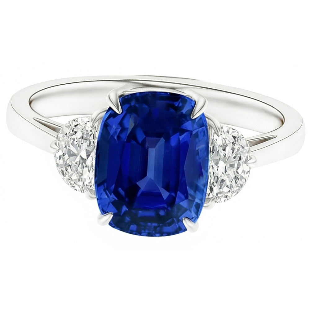 Three Stone Oval Blue Sapphire Ring 4.50 Carats Half Moon Natural Earth Mined Diamond ( Not Lab Grown )s