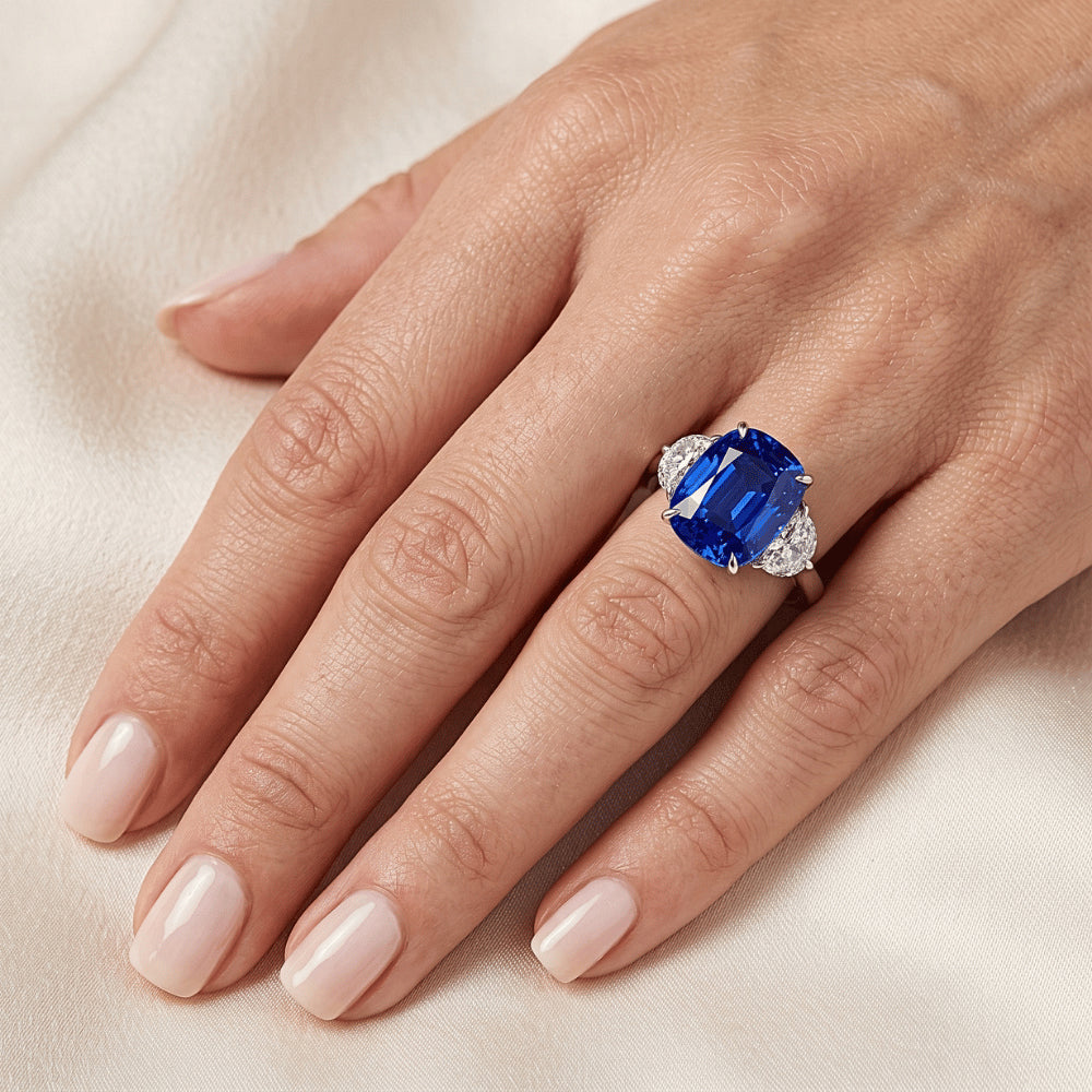 Three Stone Oval Blue Sapphire Ring 4.50 Carats Half Moon Natural Earth Mined Diamond ( Not Lab Grown )s