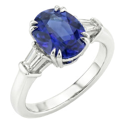 Three Stone Oval Blue Sapphire Ring With Baguette Natural Earth Mined Diamond ( Not Lab Grown ) 3.25 Carats
