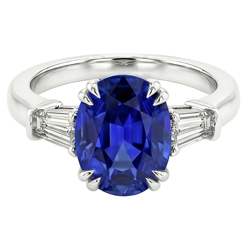 Three Stone Oval Blue Sapphire Ring With Baguette Natural Earth Mined Diamond ( Not Lab Grown ) 3.25 Carats