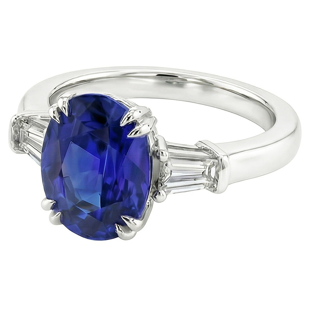 Three Stone Oval Blue Sapphire Ring With Baguette Natural Earth Mined Diamond ( Not Lab Grown ) 3.25 Carats