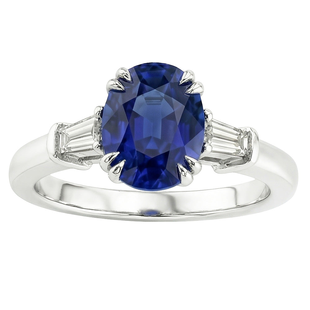Three Stone Oval Blue Sapphire Ring With Baguette Natural Earth Mined Diamond ( Not Lab Grown ) 3.25 Carats
