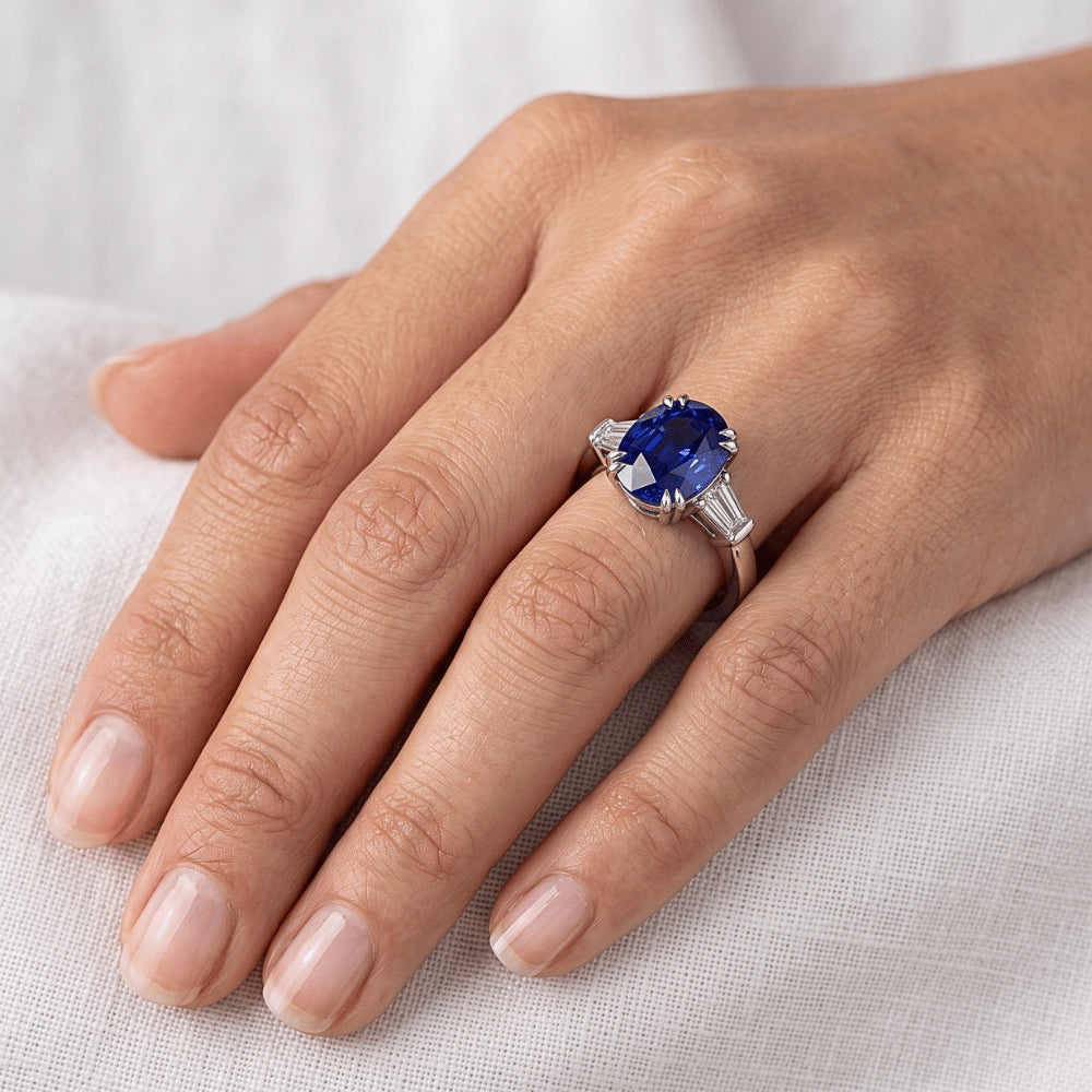 Three Stone Oval Blue Sapphire Ring With Baguette Natural Earth Mined Diamond ( Not Lab Grown ) 3.25 Carats