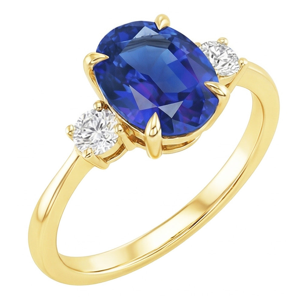 Three Stone Oval Blue Sapphire & Round Natural Earth Mined Diamond ( Not Lab Grown ) Ring Gold 5.50 Carats