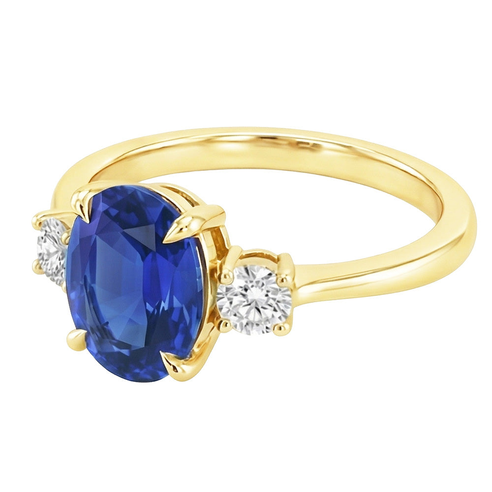 Three Stone Oval Blue Sapphire & Round Natural Earth Mined Diamond ( Not Lab Grown ) Ring Gold 5.50 Carats