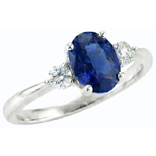 Three Stone Oval Ceylon Sapphire & Round Natural Earth Mined Diamond ( Not Lab Grown ) Ring 2.50 Carats