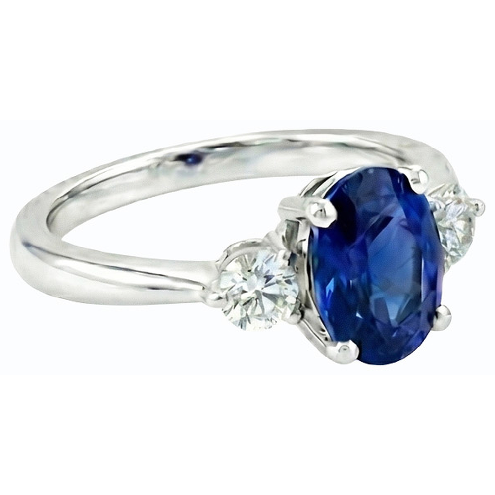 Three Stone Oval Ceylon Sapphire & Round Natural Earth Mined Diamond ( Not Lab Grown ) Ring 2.50 Carats