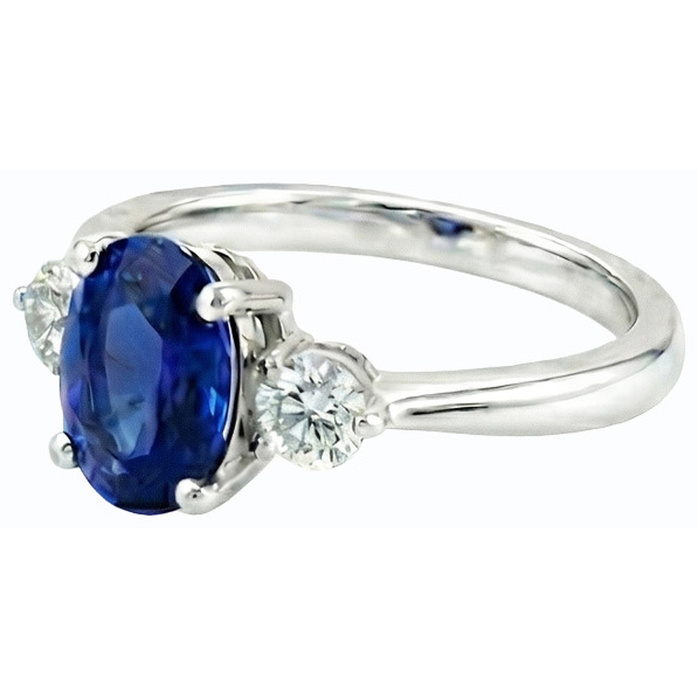 Three Stone Oval Ceylon Sapphire & Round Natural Earth Mined Diamond ( Not Lab Grown ) Ring 2.50 Carats