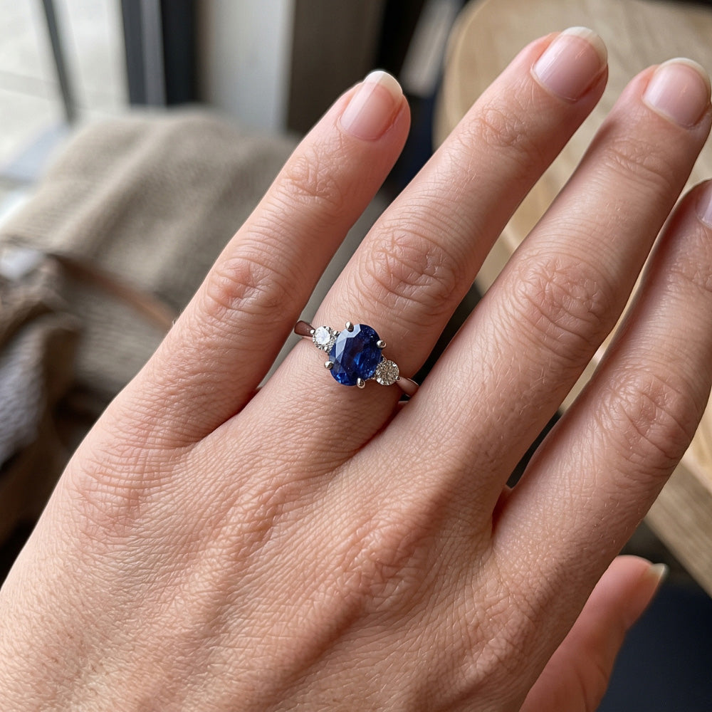 Three Stone Oval Ceylon Sapphire & Round Natural Earth Mined Diamond ( Not Lab Grown ) Ring 2.50 Carats