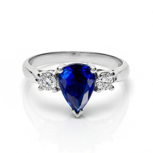 Three Stone Pear Blue Sapphire And Natural Earth Mined Diamond ( Not Lab Grown )  Engagement Ring 4.20 Ct.