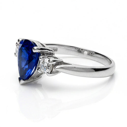 Three Stone Pear Blue Sapphire And Natural Earth Mined Diamond ( Not Lab Grown )  Engagement Ring 4.20 Ct.
