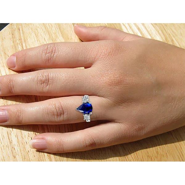 Three Stone Pear Blue Sapphire And Natural Earth Mined Diamond ( Not Lab Grown )  Engagement Ring 4.20 Ct.