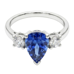 Three Stone Pear Blue Sapphire And Natural Earth Mined Diamond ( Not Lab Grown )  Engagement Ring 4.20 Ct.