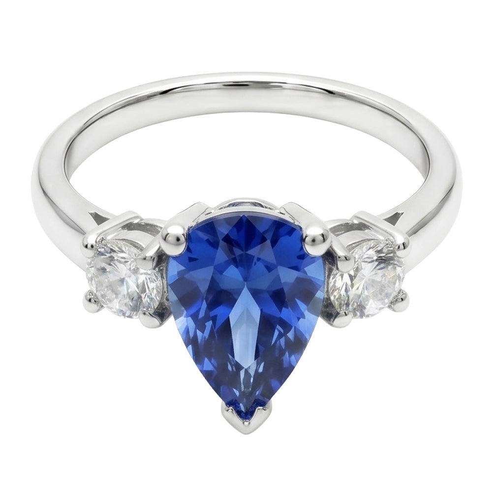 Three Stone Pear Blue Sapphire And Natural Earth Mined Diamond ( Not Lab Grown )  Engagement Ring 4.20 Ct.