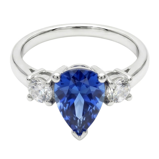 Three Stone Pear Blue Sapphire And Natural Earth Mined Diamond ( Not Lab Grown )  Engagement Ring 4.20 Ct.