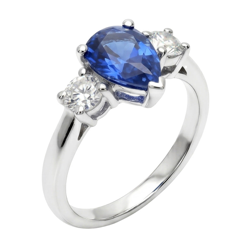 Three Stone Pear Blue Sapphire And Natural Earth Mined Diamond ( Not Lab Grown )  Engagement Ring 4.20 Ct.