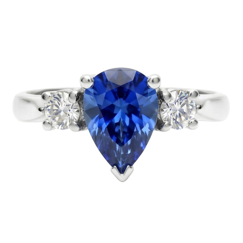 Three Stone Pear Blue Sapphire And Natural Earth Mined Diamond ( Not Lab Grown )  Engagement Ring 4.20 Ct.