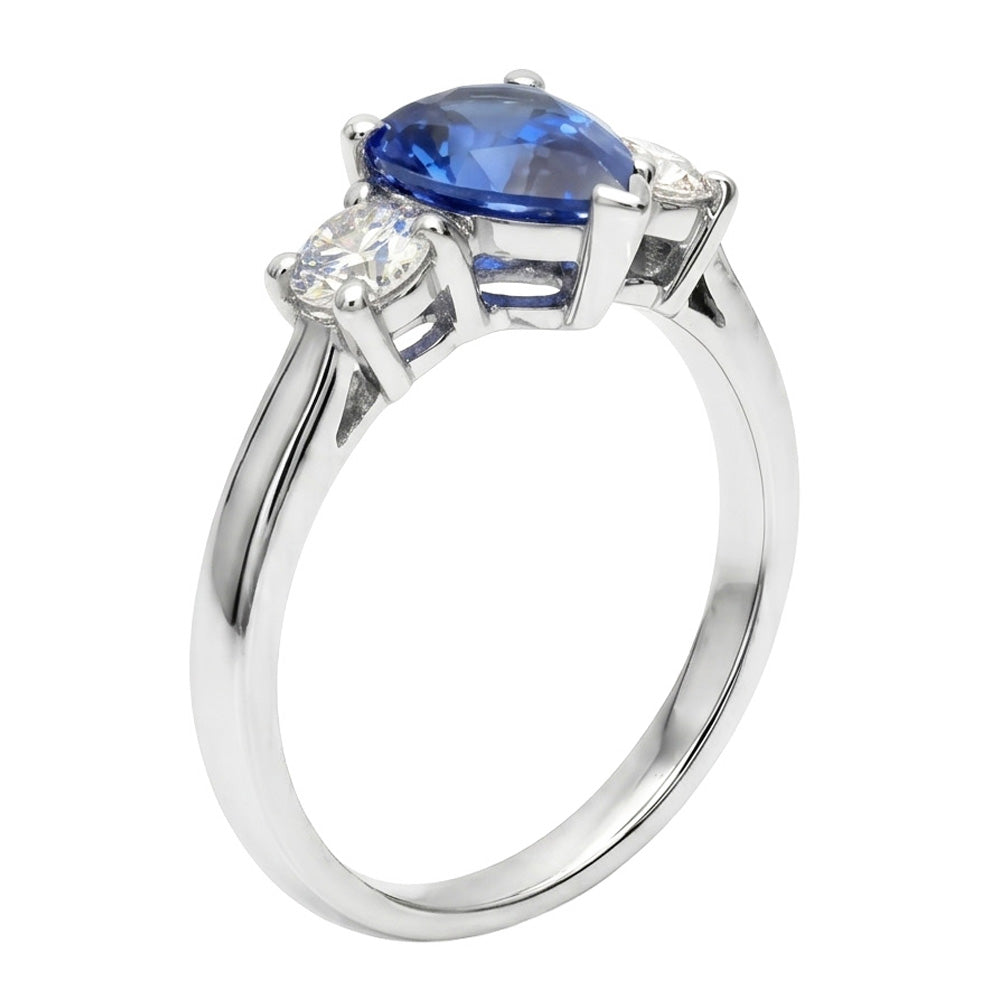 Three Stone Pear Blue Sapphire And Natural Earth Mined Diamond ( Not Lab Grown )  Engagement Ring 4.20 Ct.