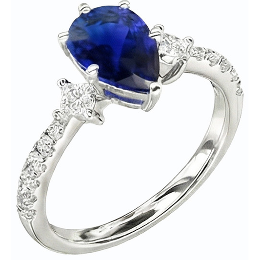 Three Stone Pear Ceylon Sapphire RIng With Natural Earth Mined Diamond ( Not Lab Grown ) Accents 3 Carats