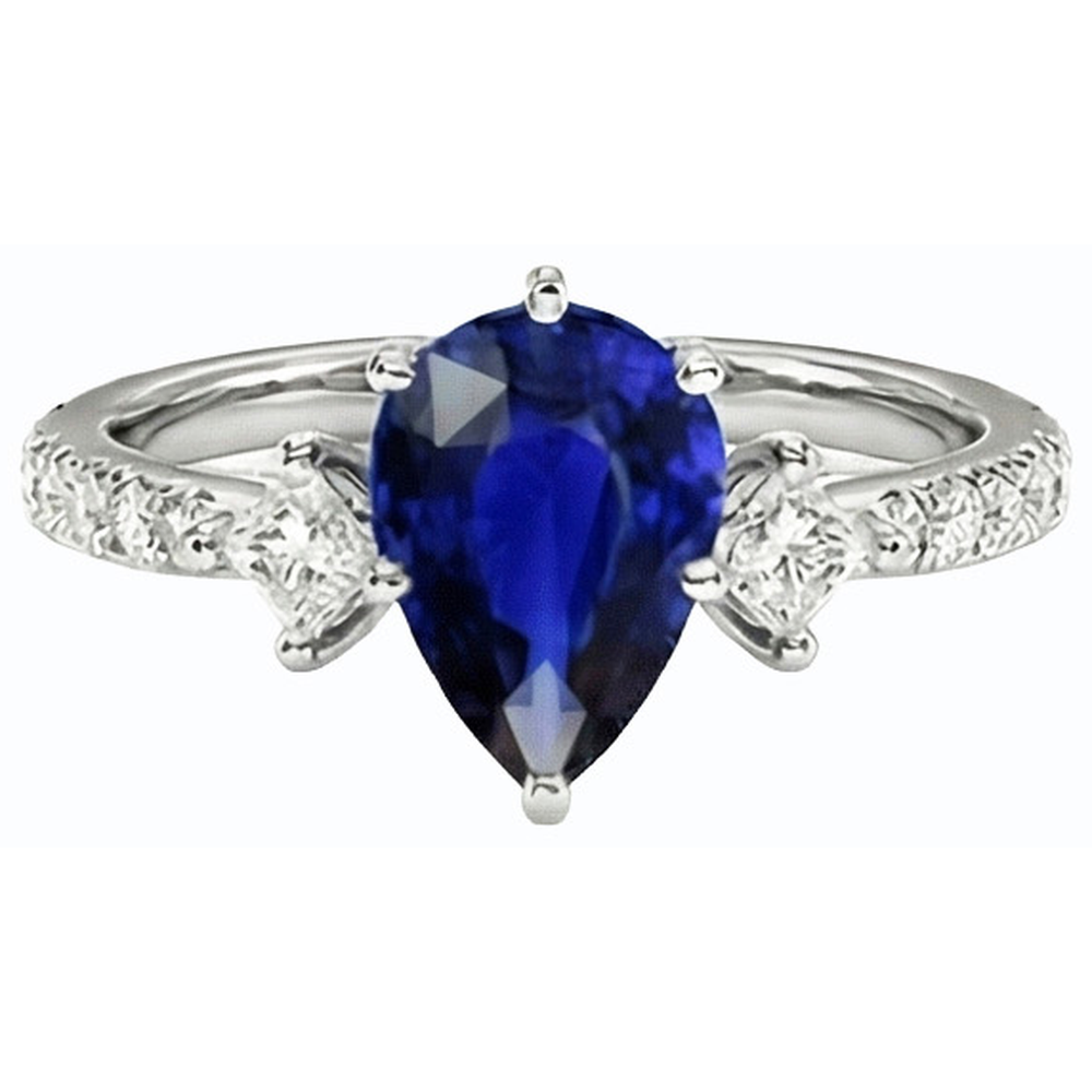 Three Stone Pear Ceylon Sapphire RIng With Natural Earth Mined Diamond ( Not Lab Grown ) Accents 3 Carats