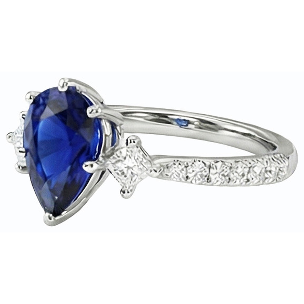 Three Stone Pear Ceylon Sapphire RIng With Natural Earth Mined Diamond ( Not Lab Grown ) Accents 3 Carats