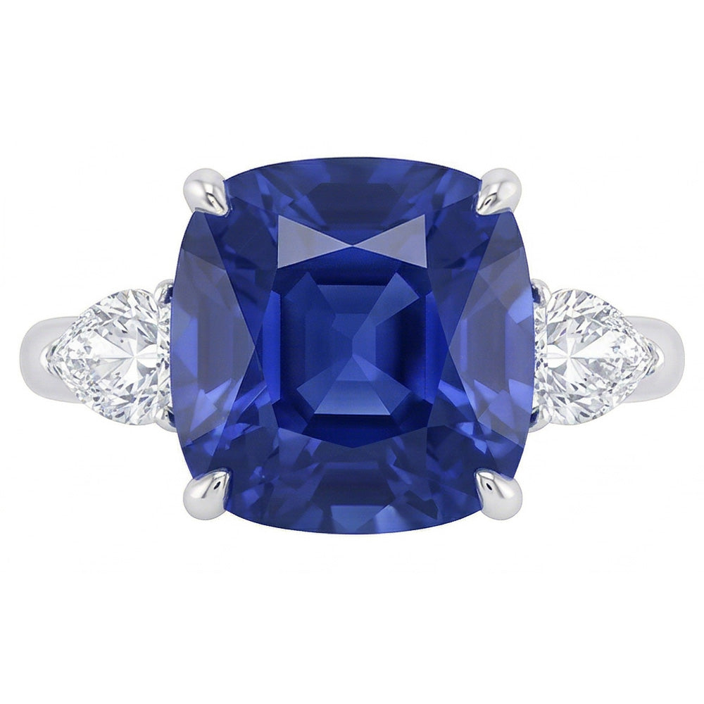 Three Stone Pear Natural Earth Mined Diamond ( Not Lab Grown ) & Cushion Blue Sapphire Ring 3.50 Carats