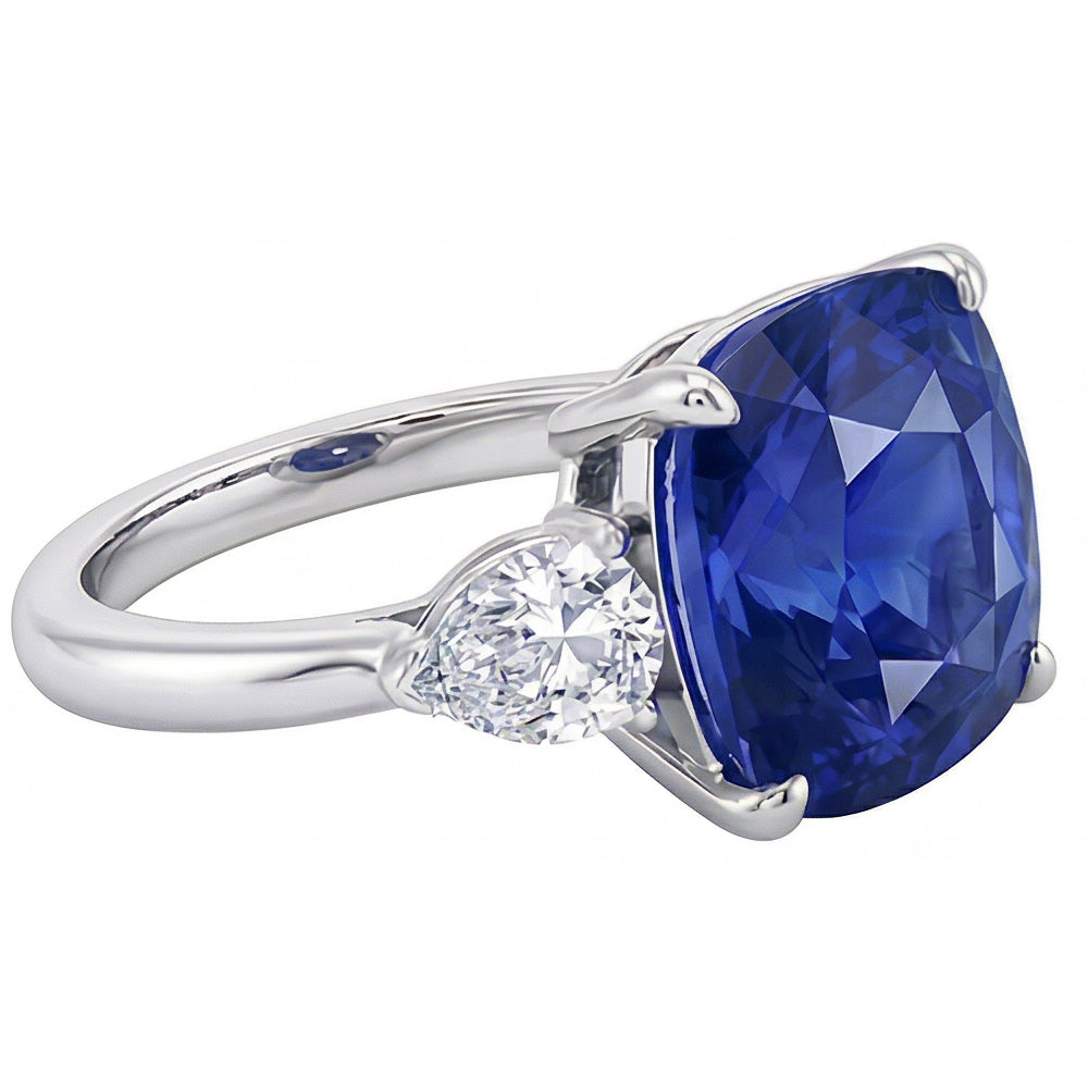 Three Stone Pear Natural Earth Mined Diamond ( Not Lab Grown ) & Cushion Blue Sapphire Ring 3.50 Carats