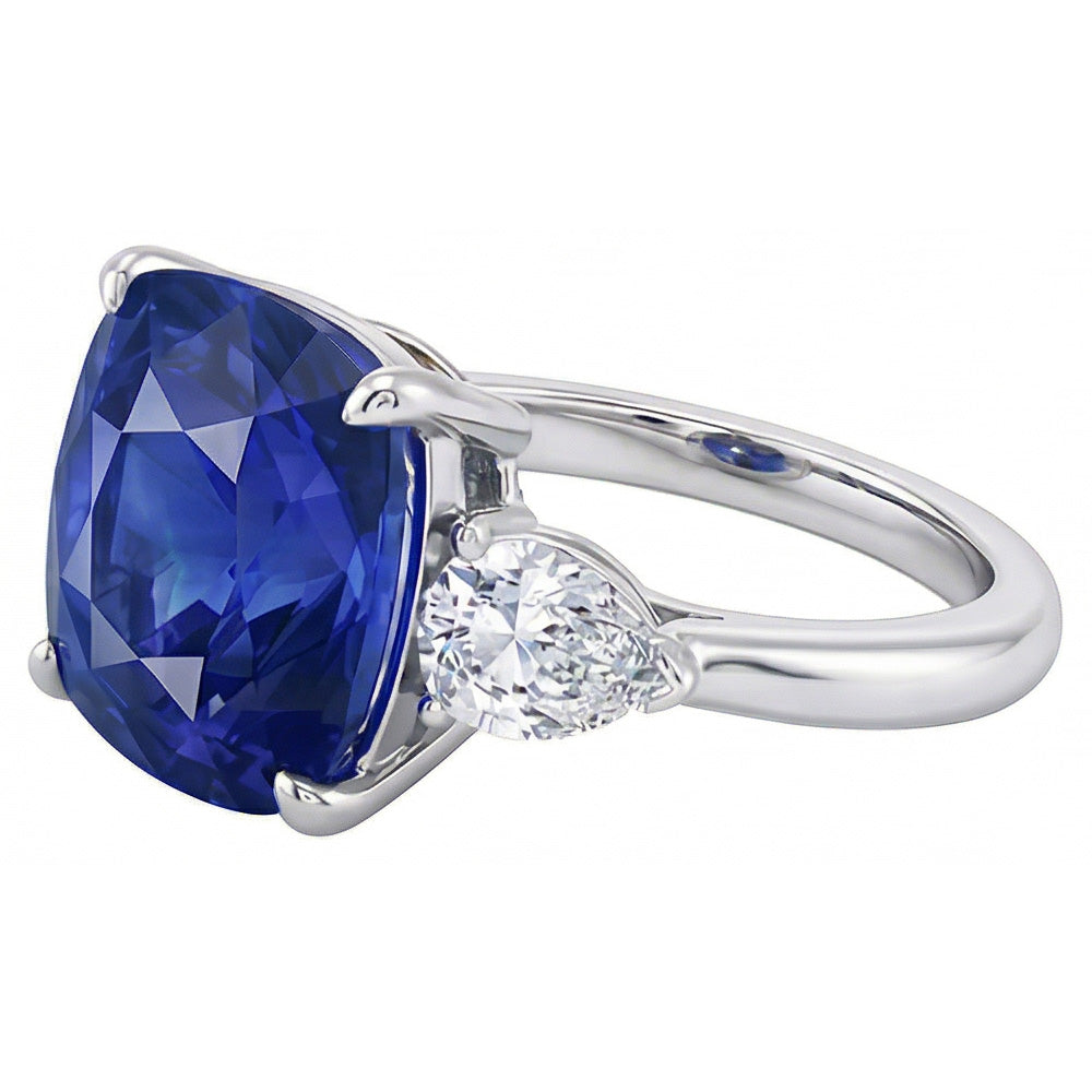 Three Stone Pear Natural Earth Mined Diamond ( Not Lab Grown ) & Cushion Blue Sapphire Ring 3.50 Carats