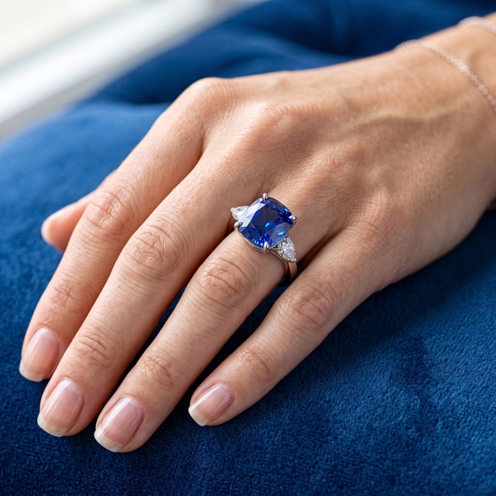 Three Stone Pear Natural Earth Mined Diamond ( Not Lab Grown ) & Cushion Blue Sapphire Ring 3.50 Carats