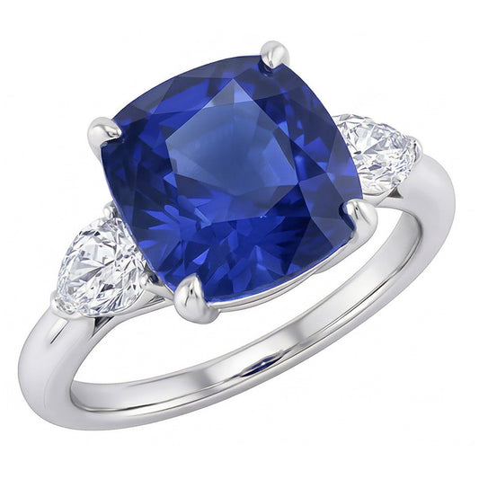 Three Stone Pear Natural Earth Mined Diamond ( Not Lab Grown ) & Cushion Blue Sapphire Ring 3.50 Carats