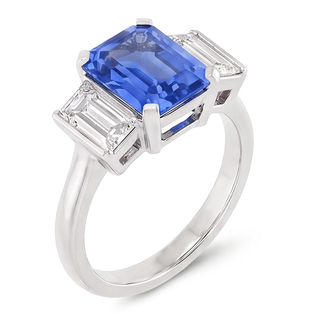 Three Stone Radiant Sapphire & Baguette Natural Earth Mined Diamond ( Not Lab Grown ) Ring 3.50 Carats Gold
