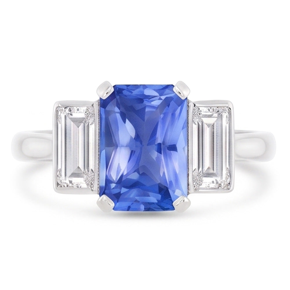 Three Stone Radiant Sapphire & Baguette Natural Earth Mined Diamond ( Not Lab Grown ) Ring 3.50 Carats Gold