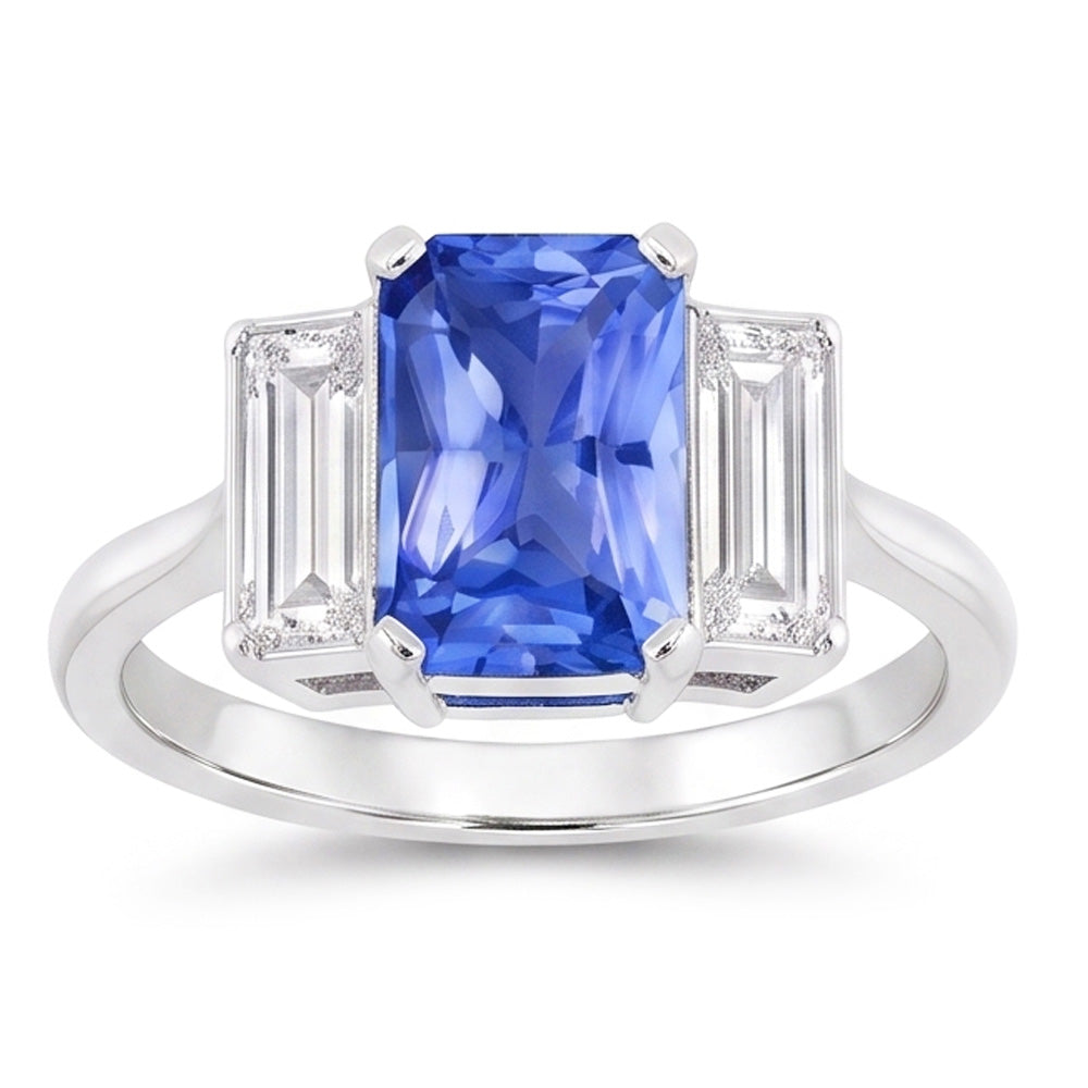 Three Stone Radiant Sapphire & Baguette Natural Earth Mined Diamond ( Not Lab Grown ) Ring 3.50 Carats Gold