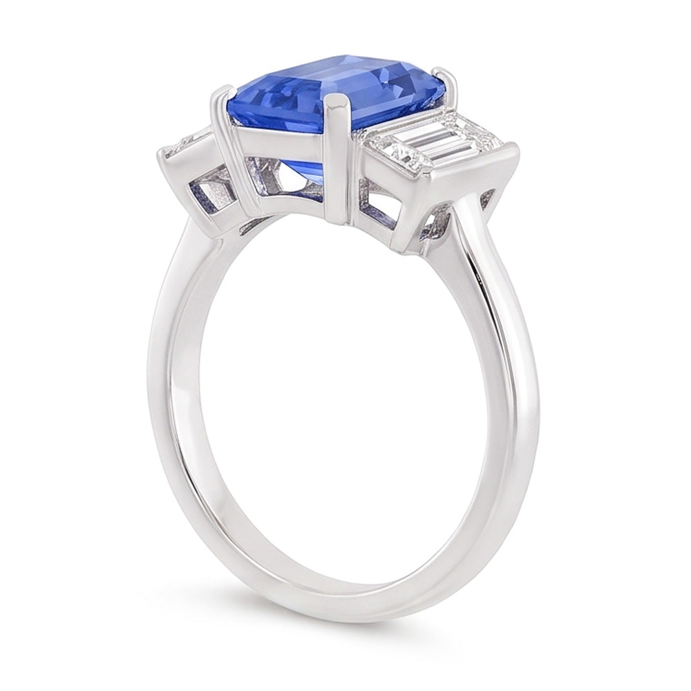 Three Stone Radiant Sapphire & Baguette Natural Earth Mined Diamond ( Not Lab Grown ) Ring 3.50 Carats Gold
