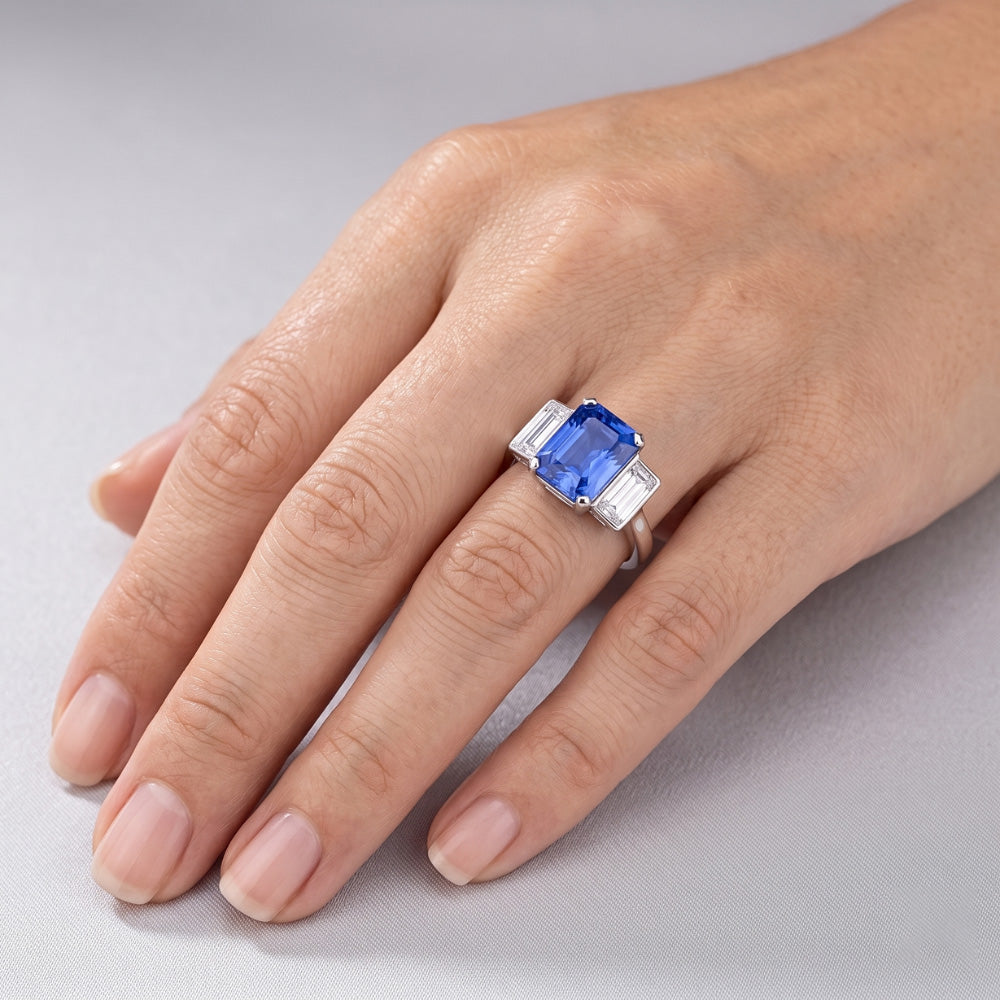 Three Stone Radiant Sapphire & Baguette Natural Earth Mined Diamond ( Not Lab Grown ) Ring 3.50 Carats Gold