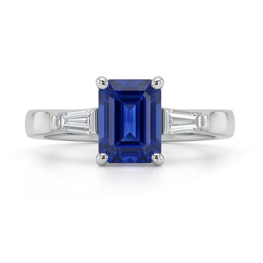 Three Stone Ring Emerald Sapphire & Tapered Baguette Natural Earth Mined Diamond ( Not Lab Grown )s 3 Carats