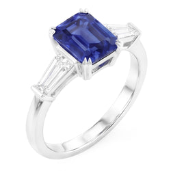Three Stone Ring Emerald Shaped Srilanka Sapphire 2 Carats