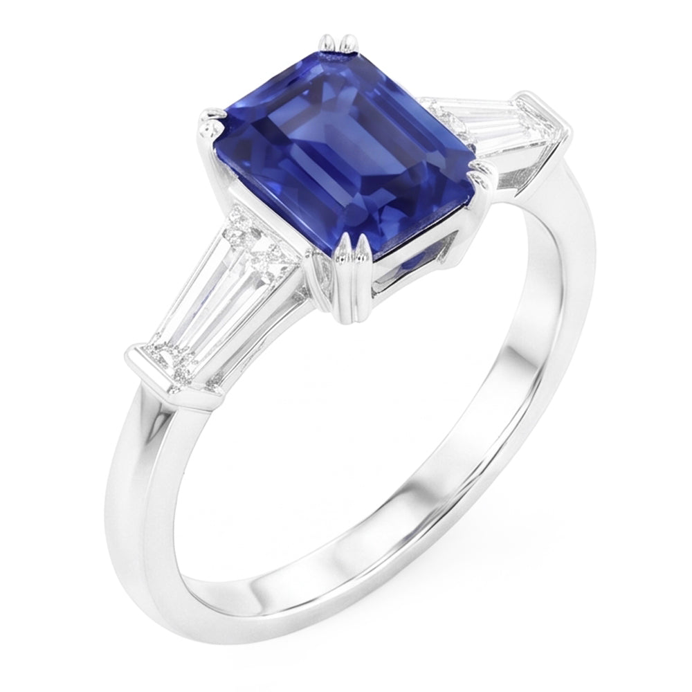 Three Stone Ring Emerald Shaped Srilanka Sapphire 2 Carats