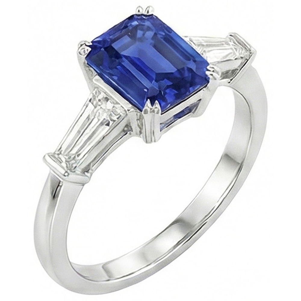 Three Stone Ring Emerald Shaped Srilanka Sapphire 2 Carats