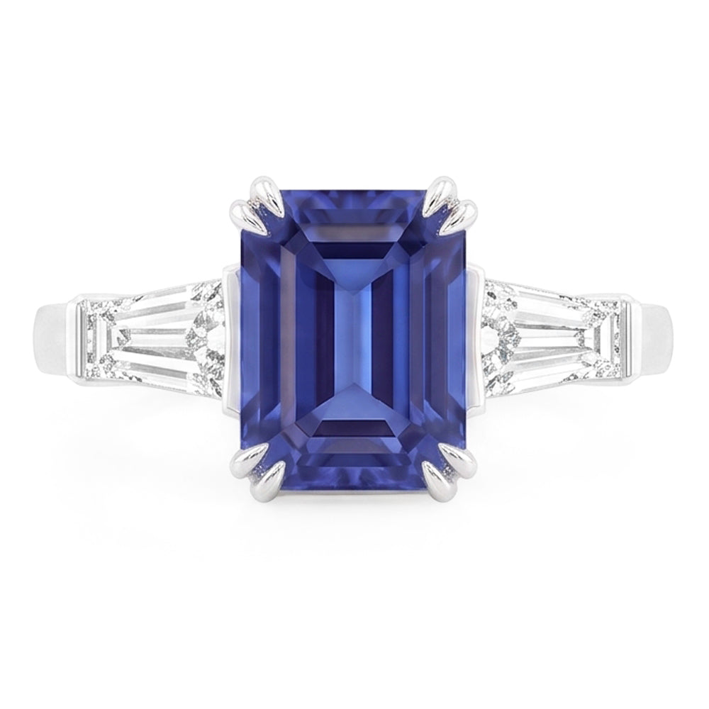 Three Stone Ring Emerald Shaped Srilanka Sapphire 2 Carats