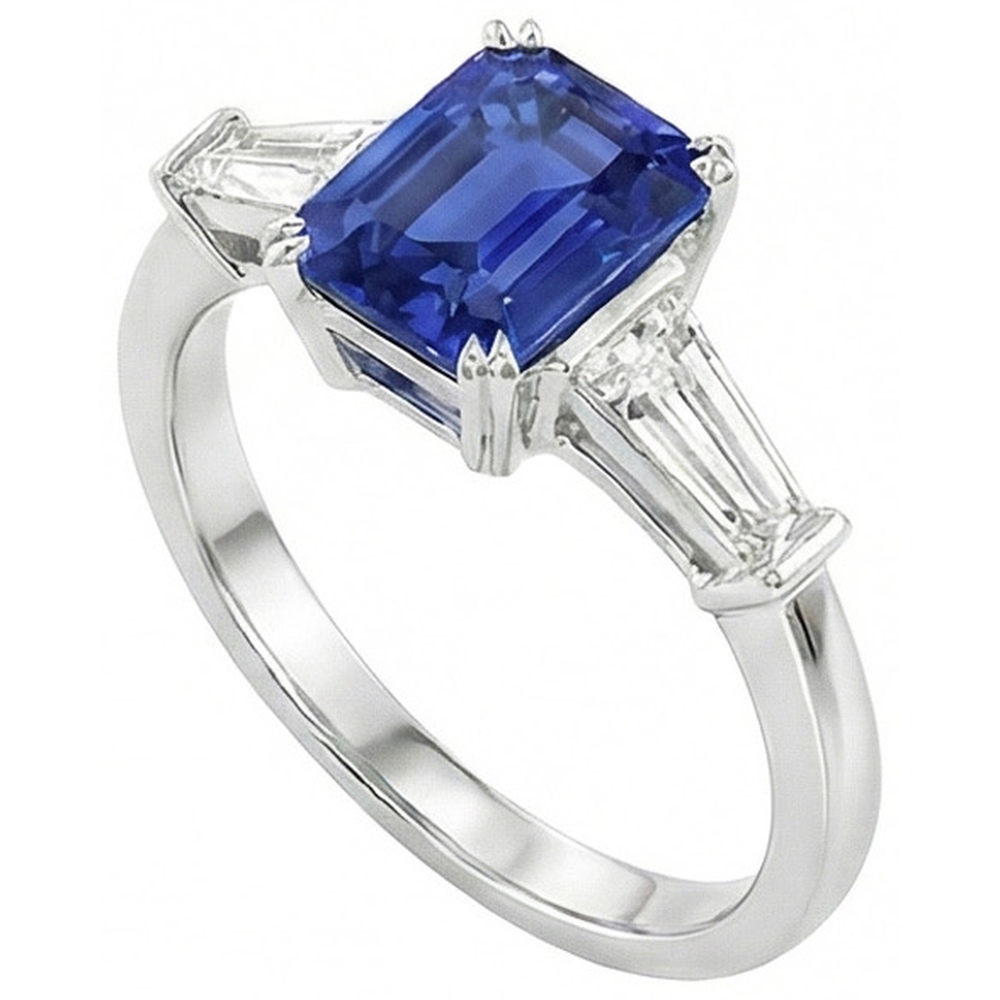Three Stone Ring Emerald Shaped Srilanka Sapphire 2 Carats
