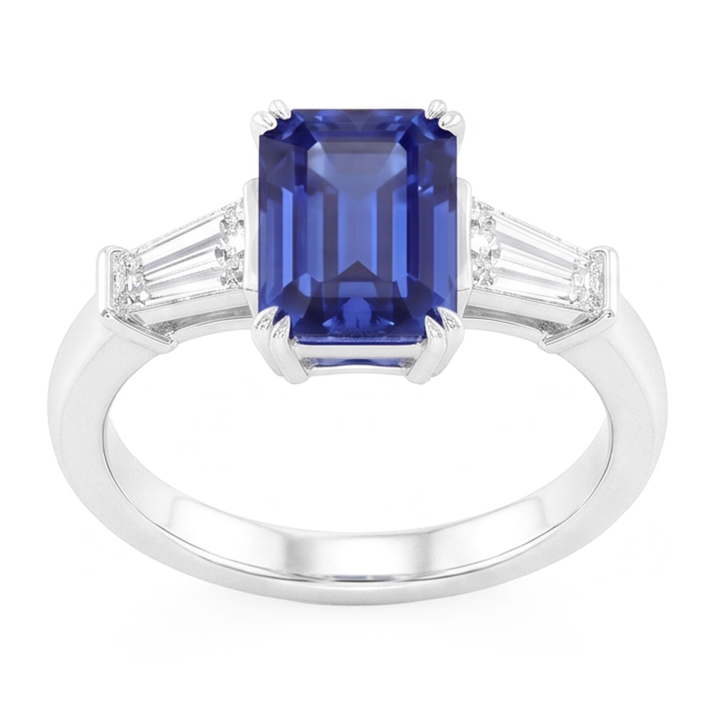 Three Stone Ring Emerald Shaped Srilanka Sapphire 2 Carats