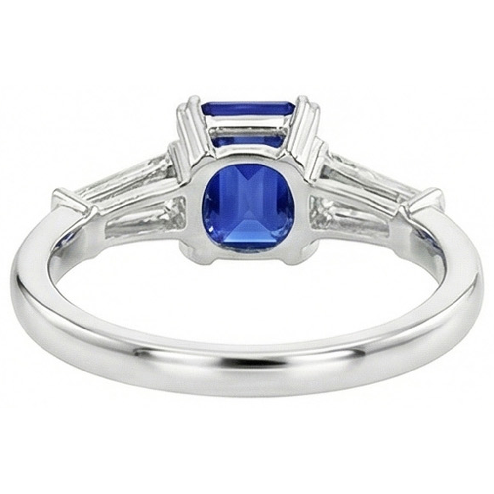 Three Stone Ring Emerald Shaped Srilanka Sapphire 2 Carats